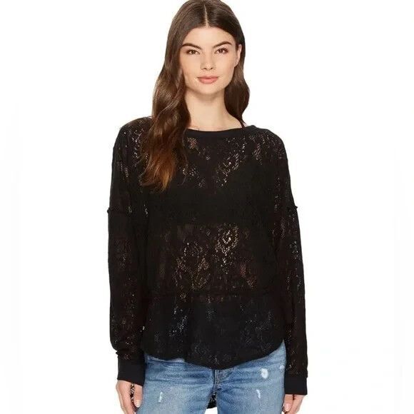 Free People Not Cold In This Lace Top Womens Size Medium Black OB723013 - Picture 1 of 10